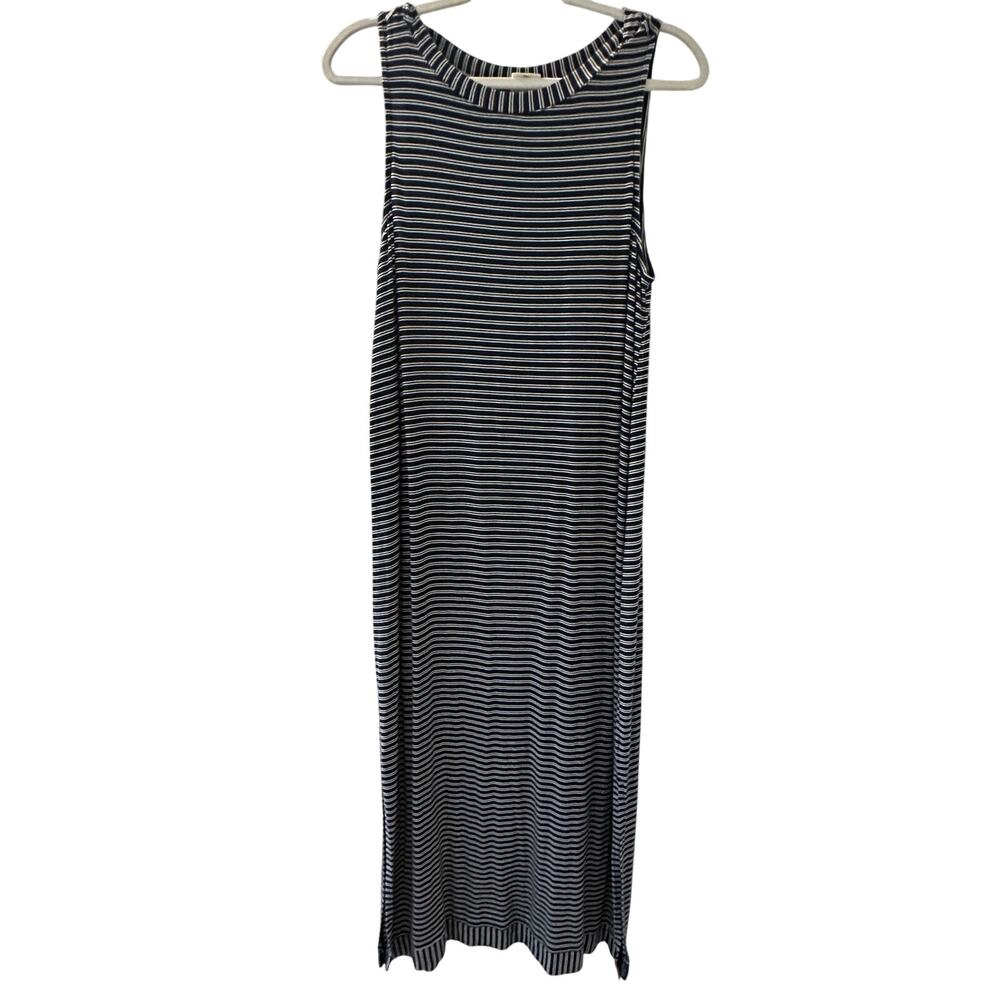Soma Maxi Lounge Dress Sleeveless Blue Stripe Medium Side Slit Soft Comfy Travel - Picture 2 of 9